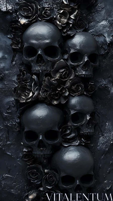 Row of dark skull sculptures with clustered metallic roses.