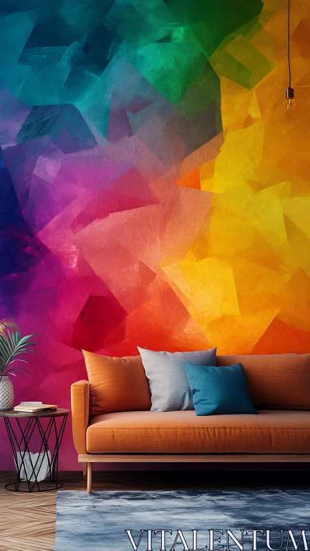 Color-saturated modern sofa scene before faceted mural wall.
