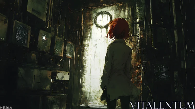 Solitary figure before corroded industrial vault door.