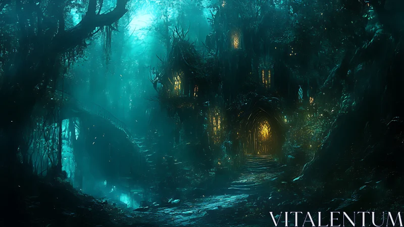 Enchanted forest cottage glowing with secret midnight light.