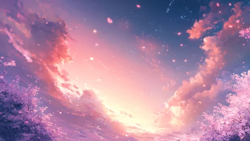 Dreamy cherry blossom sunset beneath a starlit spring sky.