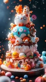 Whimsical Creature Cake Tower Bursting with Color and Joy