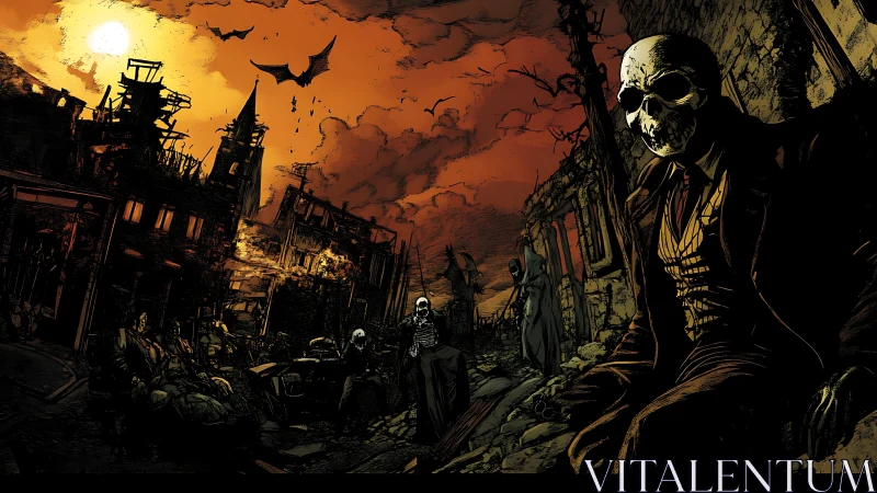 Skeletal figures surveying post-apocalyptic urban ruin at dusk.