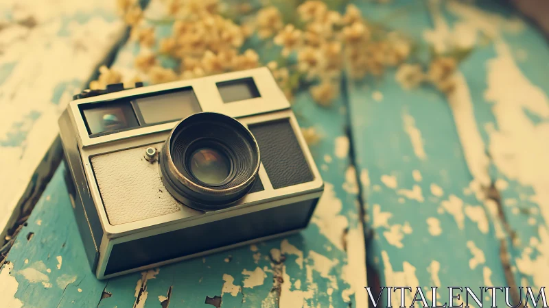 Vintage camera dreaming on sun-faded turquoise wooden boards.