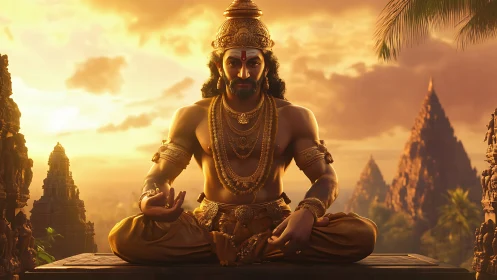 Seated figure in ornate attire meditates before temple spires