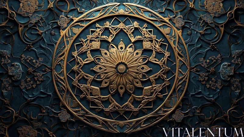 Glowing golden mandala blooms over deep teal tapestry.