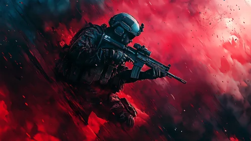 Tactical operator with carbine rifle in dynamic red smoke field