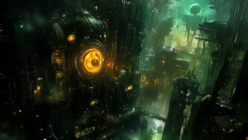 Neon abyss engine watches over a drowned cyber cityscape.