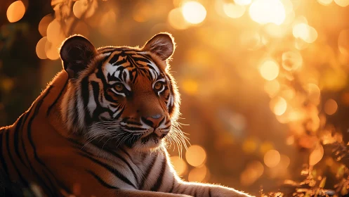 Tiger portrait under golden sunset bokeh light in forest.