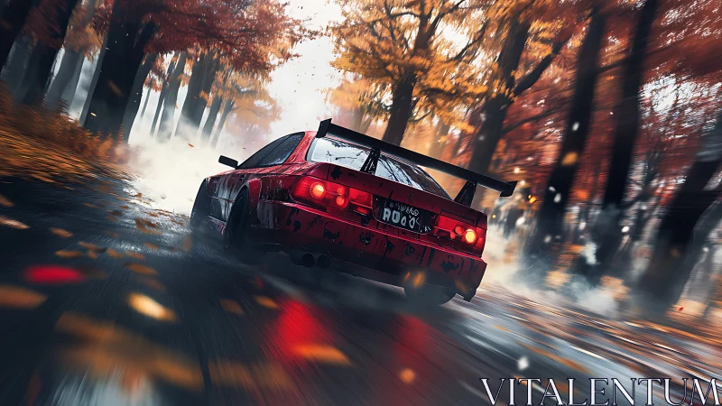 Red drift car racing through a golden autumn forest road.