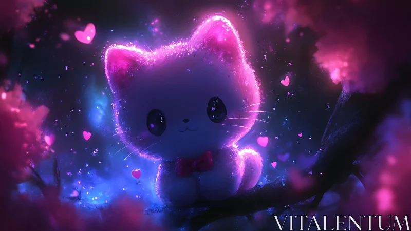 Bioluminescent plush kitten avatar in neon magenta bokeh haze