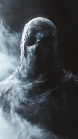 Hooded wraith figure emerges from swirling white smoke