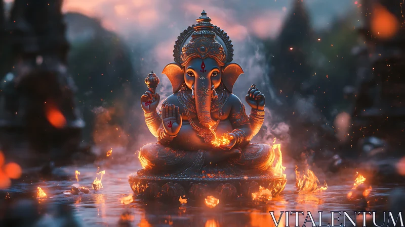 Fiery Ganesha idol radiates divine energy in twilight glow.