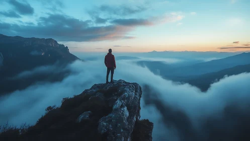 Person stands on rocky cliff above clouds at blue dawn