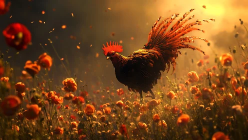 Fiery Rooster Soars Through Golden Flower Meadow