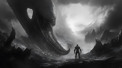 Lone traveler meets colossal alien leviathan in misty abyss.