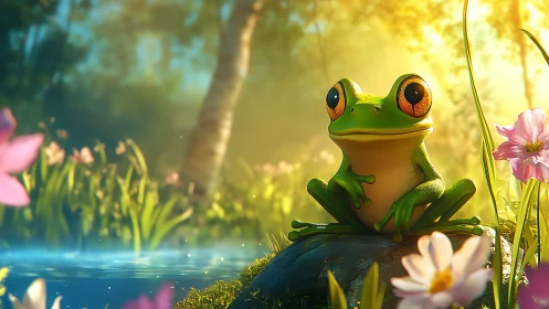 Vibrant tree frog rests on sunlit pond rock among flowers.
