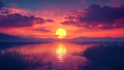 Radiant magenta sunset over tranquil lake and reeds.