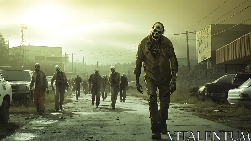 Decomposed zombies advance along desaturated urban roadway at dusk