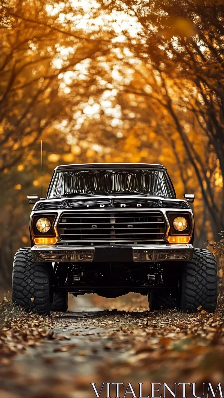 Golden hour forest trail with a classic lifted truck.