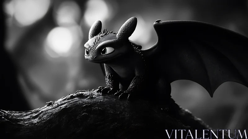 Small black dragon perched on branch in grayscale scene.