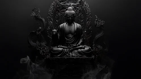 Monochrome 3D Buddha statue emerges from shadowed baroque throne