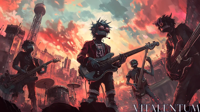 Apocalypse rooftop punk band tuning thunder over burning city.