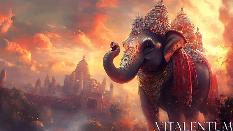 Regal war elephant strides before flaming temple skyline.