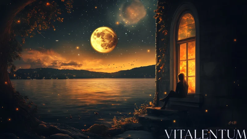 Silhouette at window overlooking moonlit lake and sky.