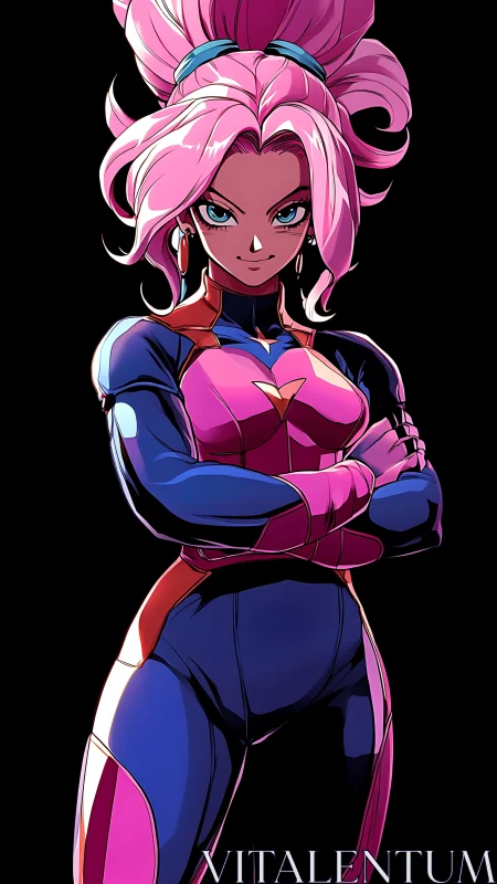 Neon-braided space heroine blazing confidence in shadowed void.