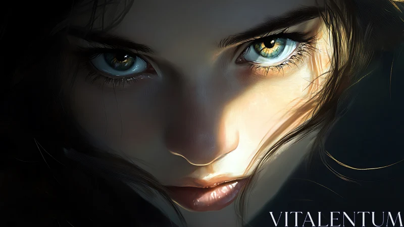 Hyperreal close-up portrait with luminous heterochromatic eyes.