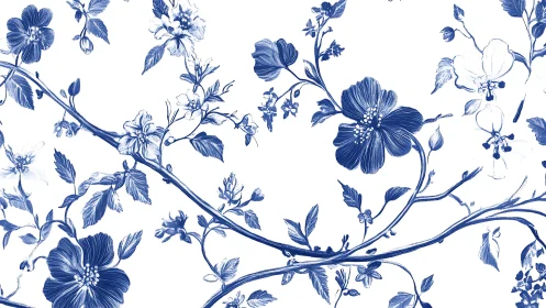 Delft Blue Botanical Dance: Indigo Flowers Cascade.