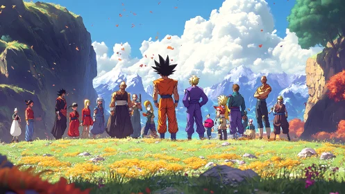 Heroic warriors assemble on alpine meadow under vivid skies.