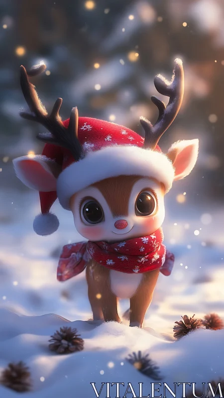 Cartoon reindeer in snow wearing red hat and scarf.