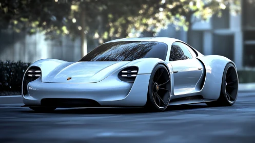 Electric supercar concept in glossy white studio street render.