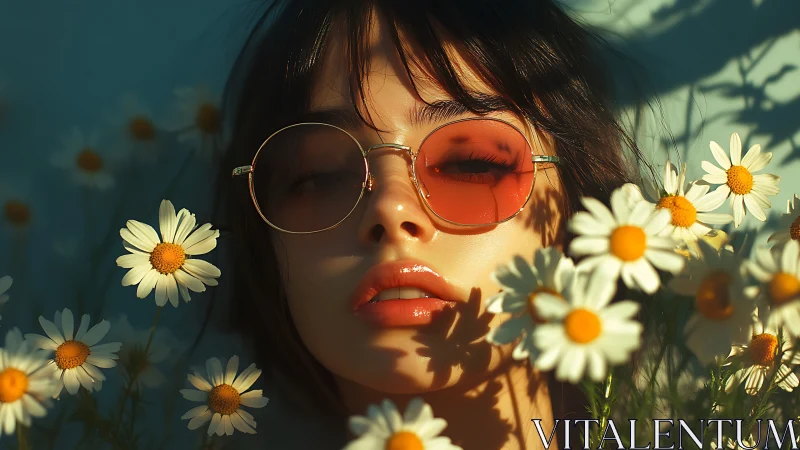 Sun-dazed muse drifting in a dreamy daisy bloomscape.