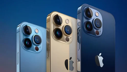 Three iPhone 13 Pro models display dual and triple camera systems against gradient backdrop.