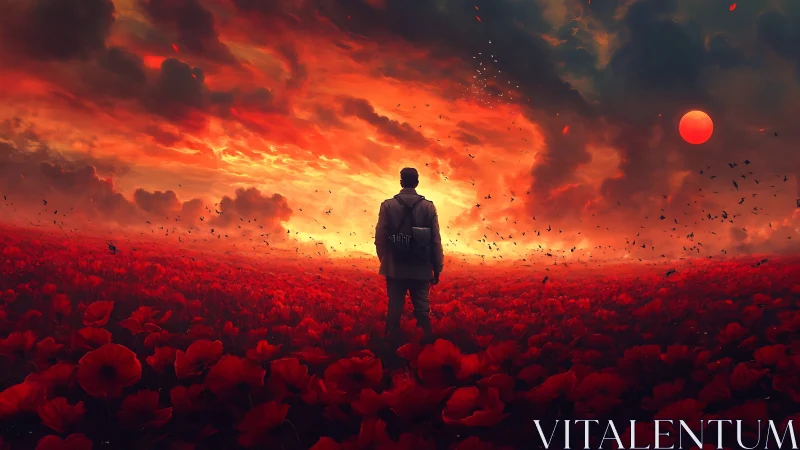 Lone wanderer in burning poppy skies of crimson memory.