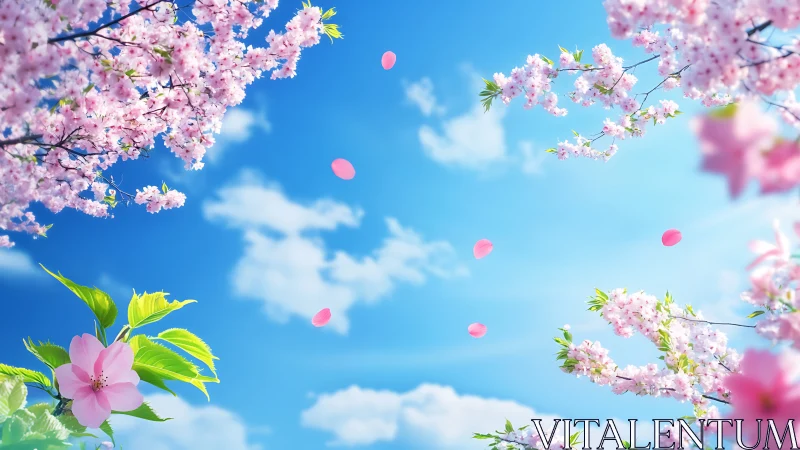 Cherry Blossoms Under Blue Sky with Falling Petals