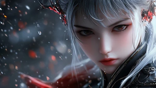 Silver-haired warrior gazes through swirling embers and snow.