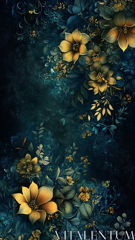 Golden Flowers on Teal: Night Garden Digital Art.