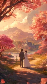 Romantic couple strolls beneath dreamy pink spring trees.