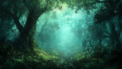 Luminescent Forest Pathway with Atmospheric Light Diffusion.