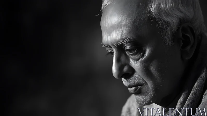 Elderly man portrait in reflective side profile, low key.