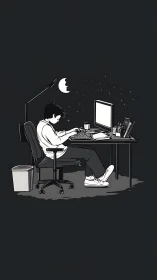 Monochrome illustration shows lone desk worker at computer