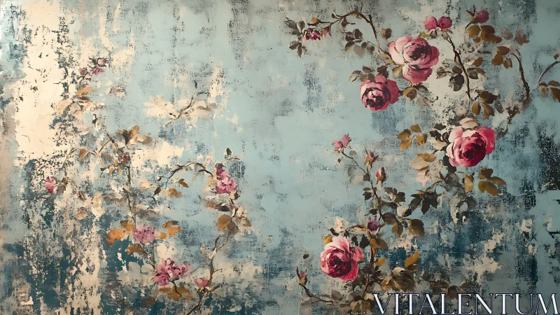 Weather-worn teal wall tangled with drifting rose poetry.