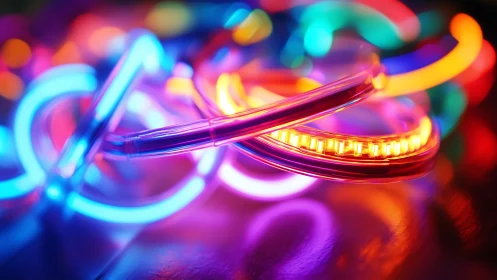Neon loops of color spilling across a glowing night table.