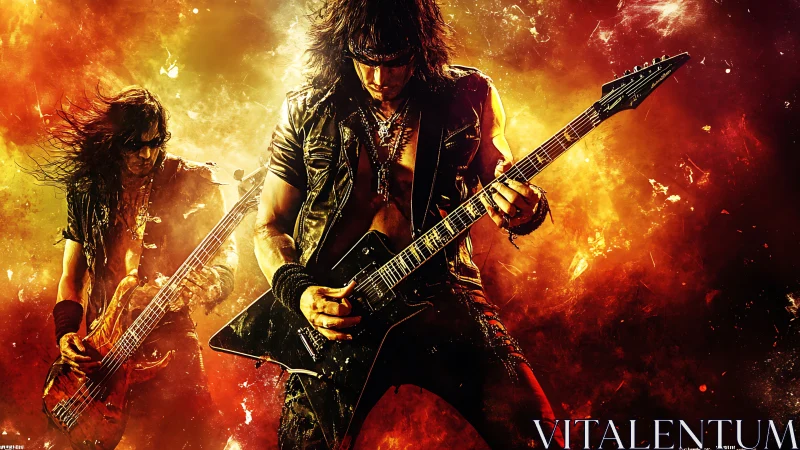 Hard rock guitarists playing on fiery explosive stage.