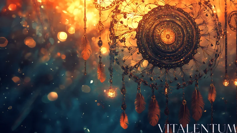 Luminous dreamcatcher halo glows against twilight embers.