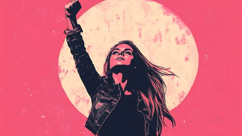 Empowered Woman Raising Fist in Bold Pop Art Style Illustration.